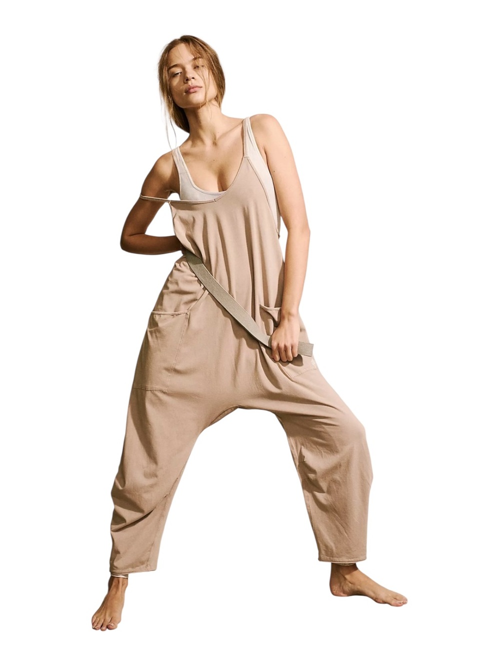 Free People FP Movement Hot Shot Onesie Mocha Latte Slouchy Jumpsuit Sz M - Picture 4 of 11